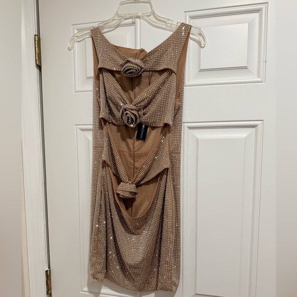 Fashion Nova Tan Rhinestone Cutout Dress